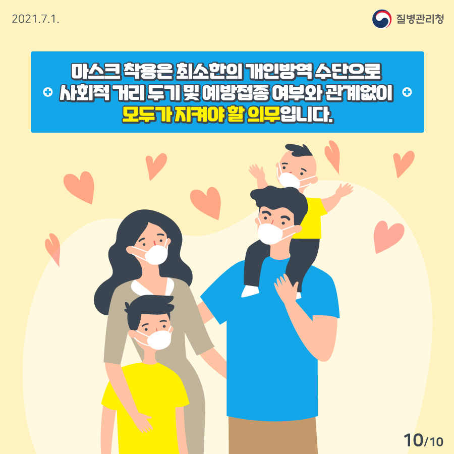 [질병관리청 21년 7월 1일 10페이지 중 10페이지] 마스크 착용은 최소한의 개인방역 수단으로 사회적 거리 두기 및 예방접종 여부와 관계없이 모두가 지켜야 할 의무입니다.